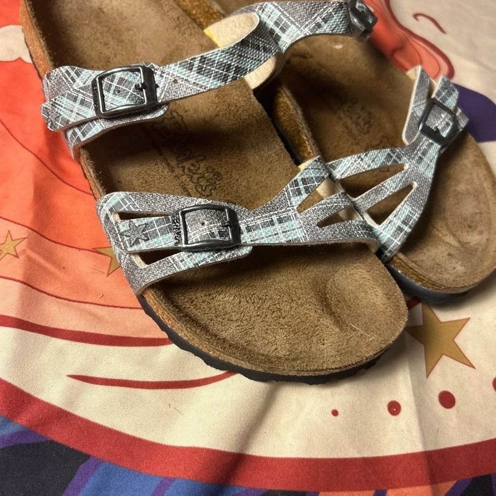 Birki's by Birkenstock Salina Sandals Blue Plaid Slide 38 7.5 Outdoors Walking